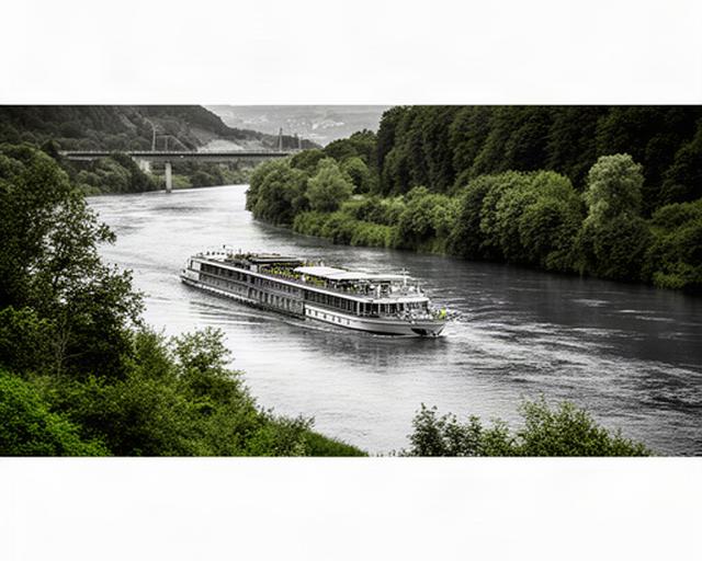 Flusskreuzfahrtschiff auf dem Rhein bei wechselndem Wasserstand und dichtem Ufergrün