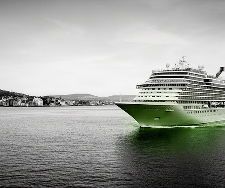 Kreuzfahrtschiff bei der Einfahrt in einen nordischen Hafen mit klarer Horizontlinie