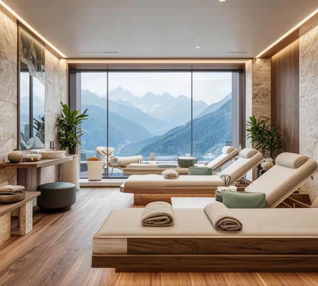 Ruhiger Spa-Bereich auf einem Kreuzfahrtschiff mit Naturstein, Holz und Blick auf alpine Landschaft