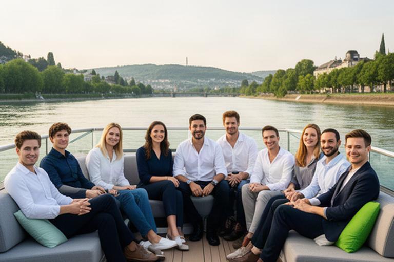 Junge berufstätige Schweizerinnen und Schweizer entspannen an Deck einer modernen Flusskreuzfahrt bei Basel