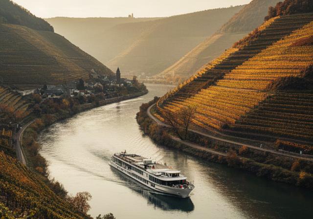 Flusskreuzfahrtschiff vor steilen Weinbergen an der Mosel im warmen Abendlicht