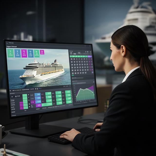 Revenue-Managerin analysiert Kabinenpreise an einem Bildschirm mit Kreuzfahrtschiff und Abfahrtskalender