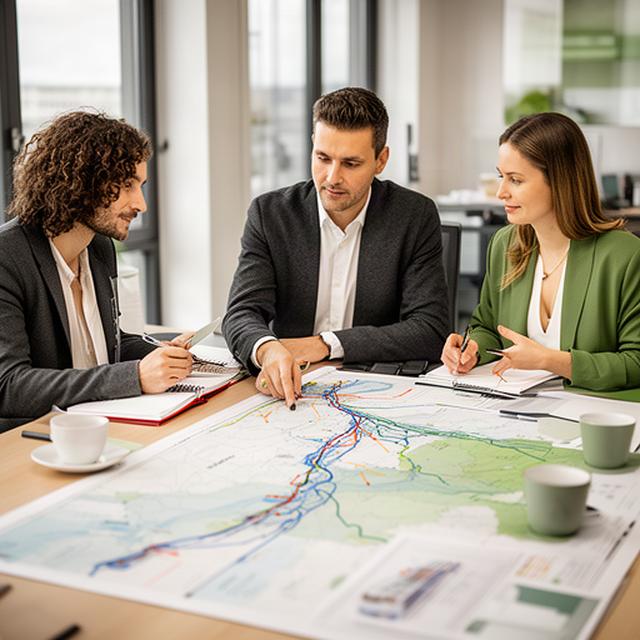 Beratungsteam bei einer Routenbesprechung mit Rheinkarte in einem Büro nahe Basel